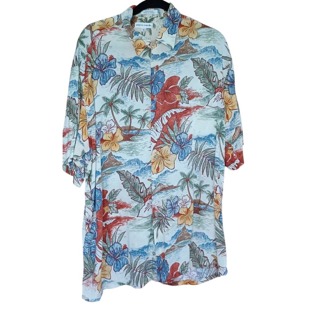 VTG Pierre Cardin Floral Cabana Shirt Men's L Tropical Pattern Hawaiian Beach